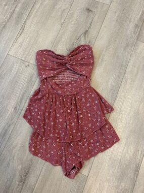 Altar'd State Girls' Burgundy Floral Strapless Tiered Romper